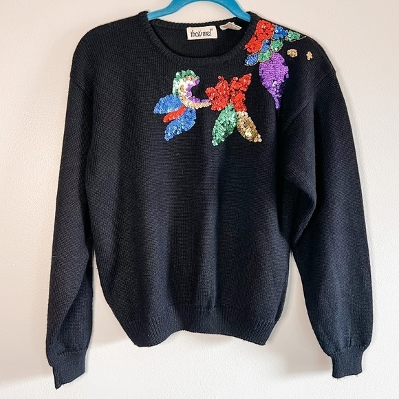 Vintage Black Long Sleeve Wool Sweater Multi-Color Sequins Floral Design Small - Picture 1 of 8